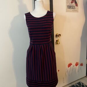 Navy and Red Striped Sleeveless Dress with pockets